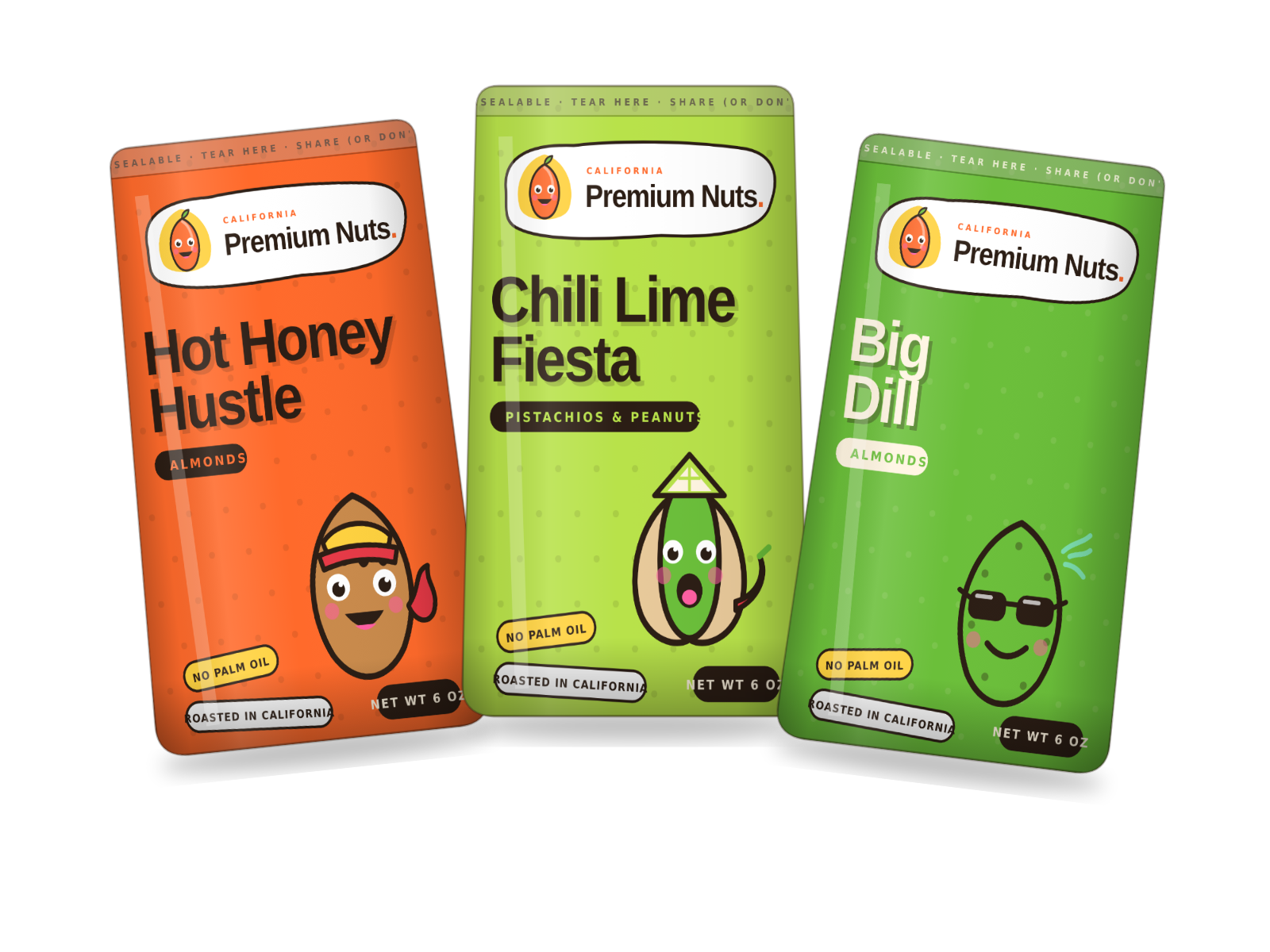 Hot Honey Hustle, Chili Lime Fiesta and Big Dill pouches